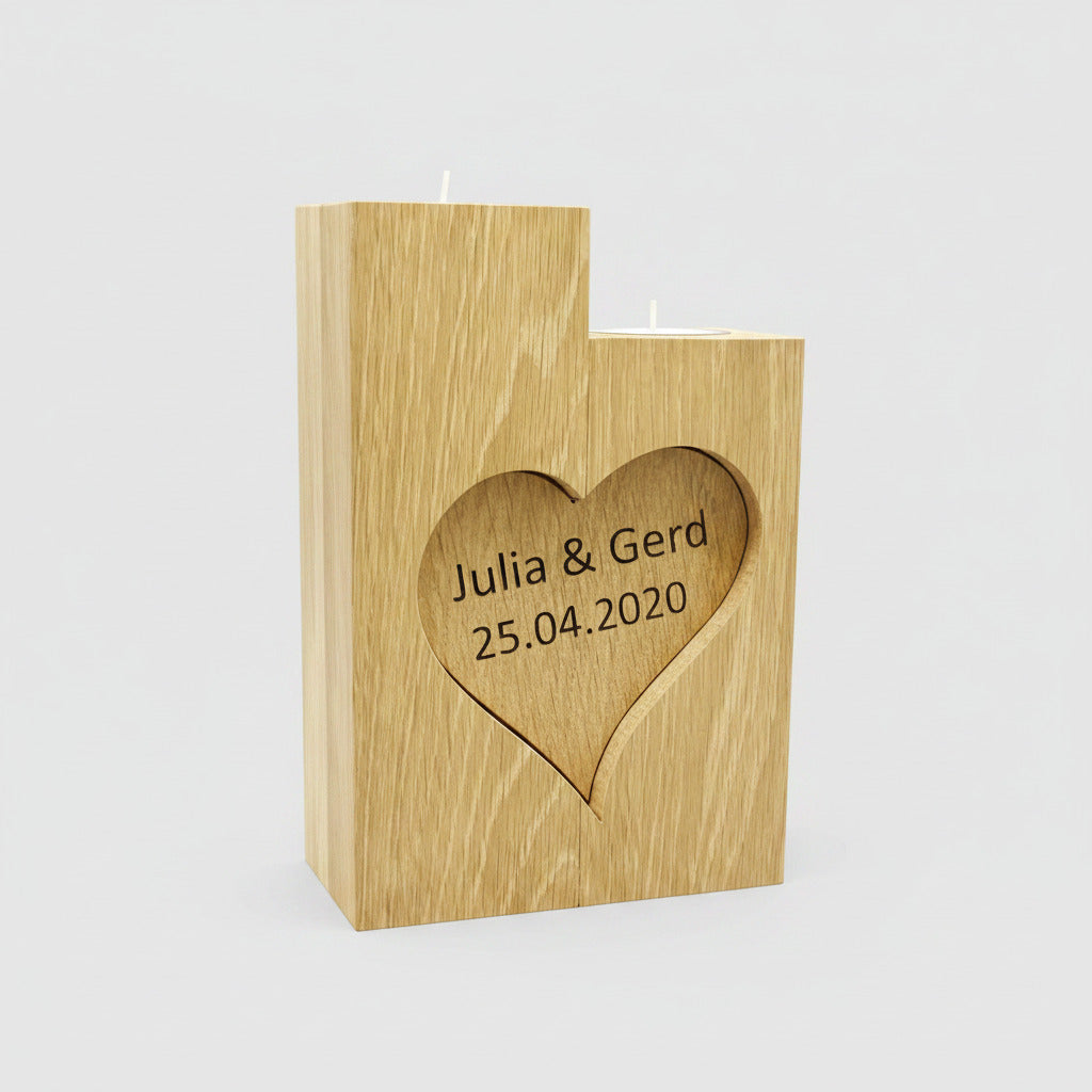 Wedding candle made of solid oak connected by a heart (optionally designed as a ring box) with engraved names and date