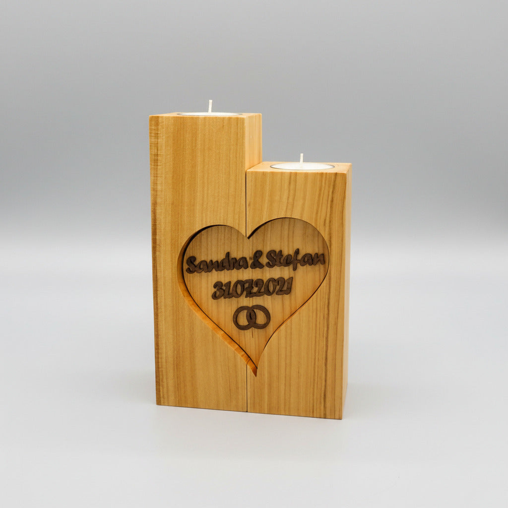 Wedding candle cherry solid connected by a heart (optionally designed as a ring box) with name