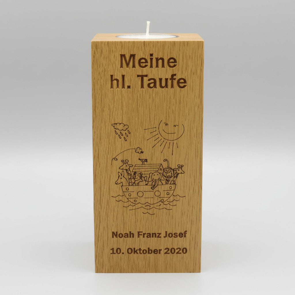 Taufkerze mit Gravur, Eiche massiv, geölt
