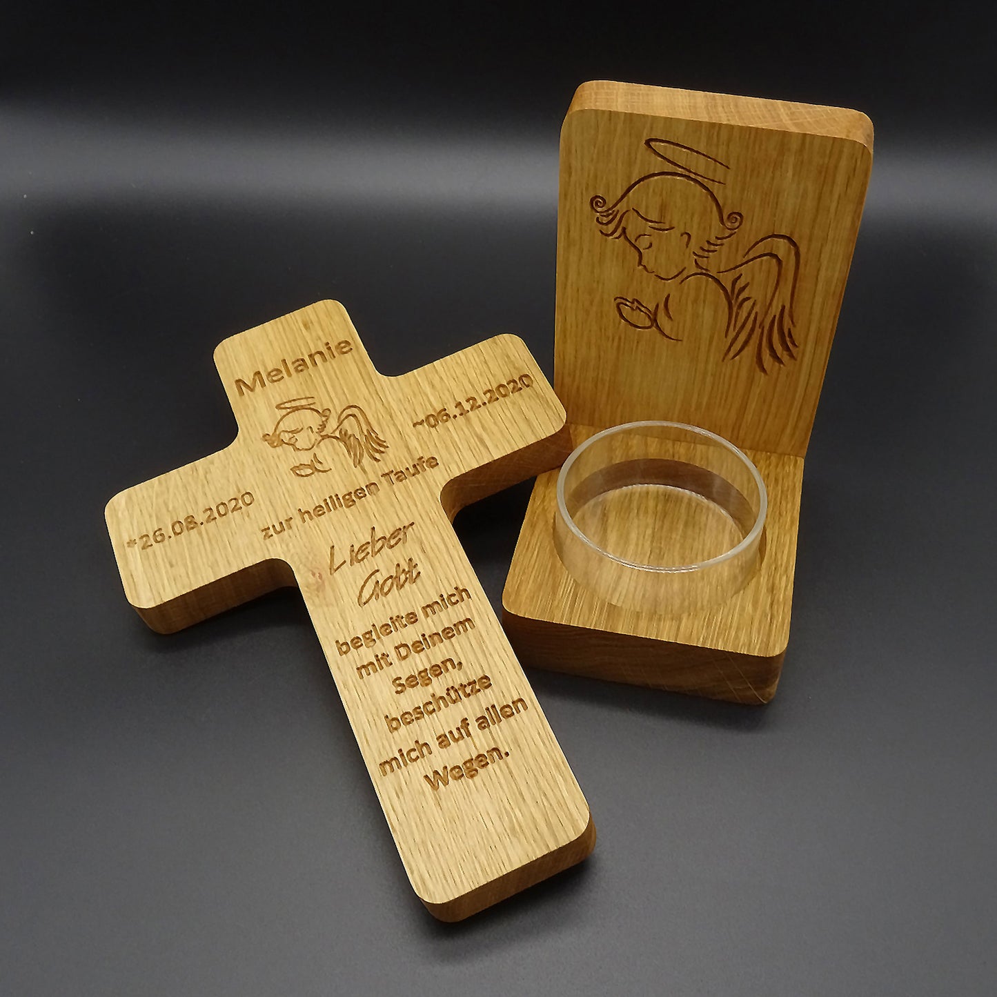 Taufkreuz mit Weihwasserkessel, Eiche massiv, geölt