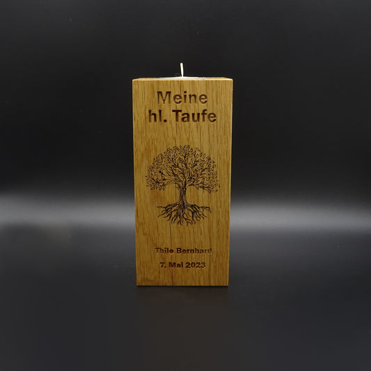 Taufkerze mit Gravur Lebensbaum, Eiche massiv, geölt