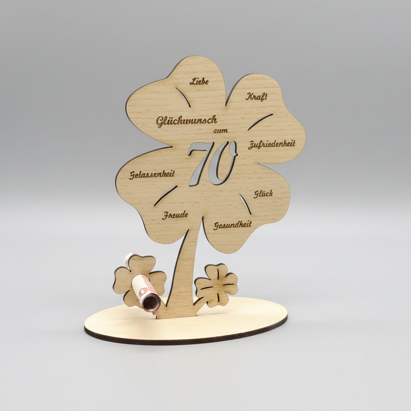 Geldgeschenk zum Geburtstag, Kleeblatt, Tischdeko aus Buchensperrholz