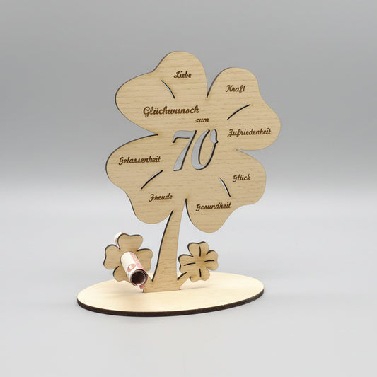 Geldgeschenk zum Geburtstag, Kleeblatt, Tischdeko aus Buchensperrholz