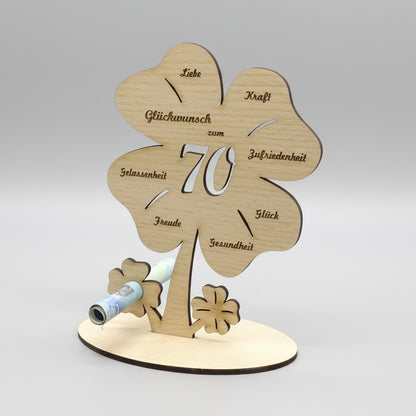 Geldgeschenk zum Geburtstag, Kleeblatt, Tischdeko aus Buchensperrholz