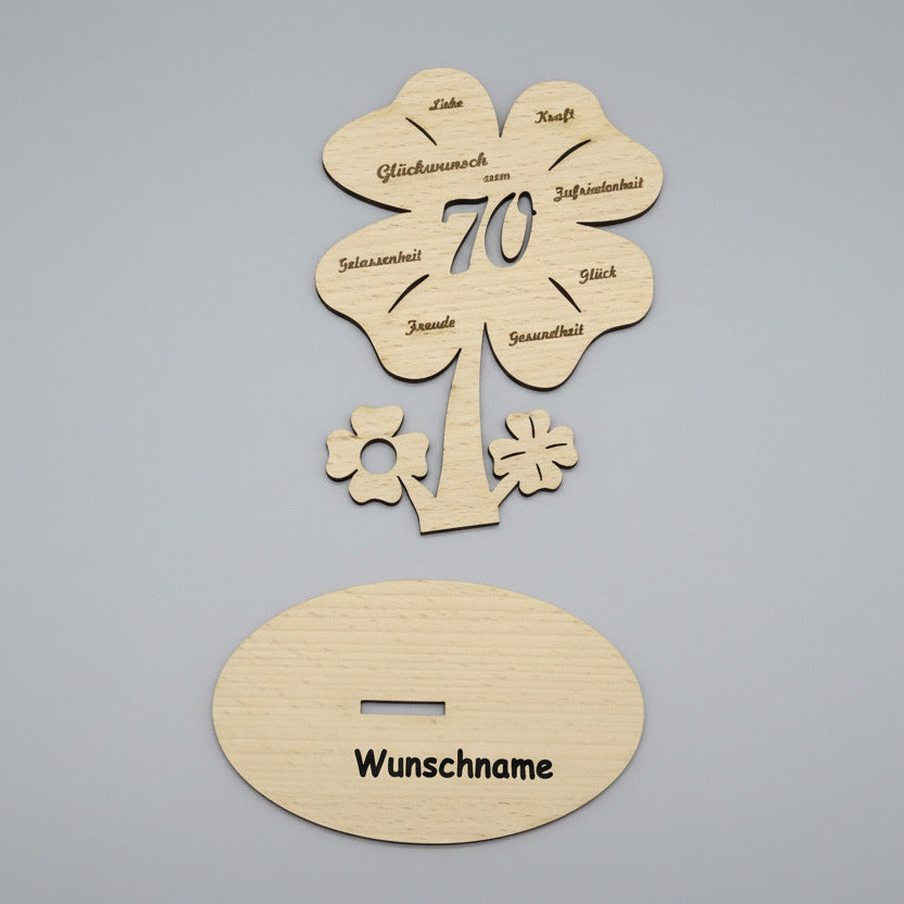Geldgeschenk zum Geburtstag, Kleeblatt, Tischdeko aus Buchensperrholz