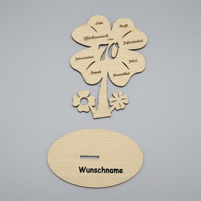 Geldgeschenk zum Geburtstag, Kleeblatt, Tischdeko aus Buchensperrholz
