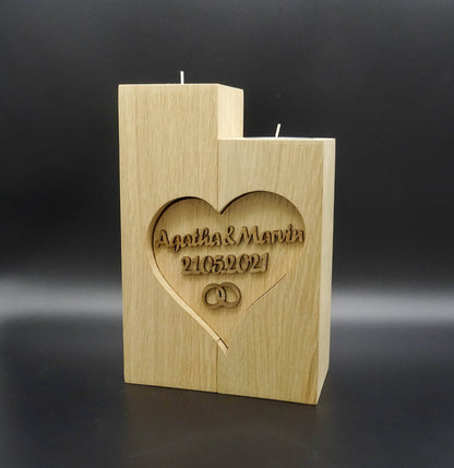 Hochzeitskerze Eiche massiv verbunden durch ein Herz (optional ausgeführt als Ringbox) mit Namen