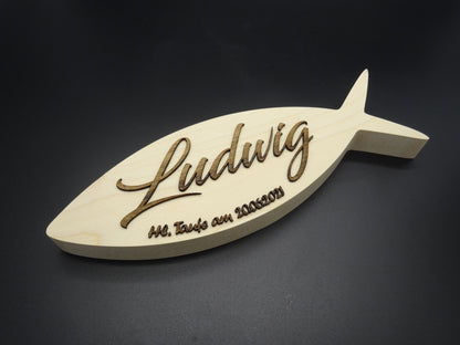 Christenfisch mit Schriftzug aus edlem Holz, Ahorn massiv