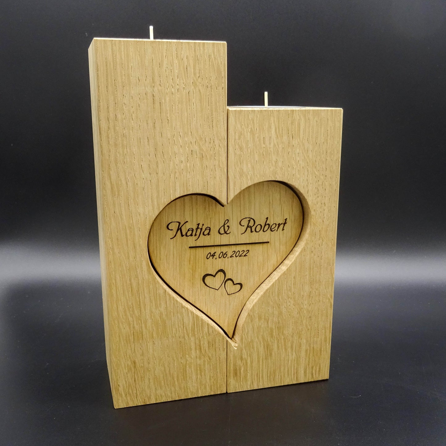 Hochzeitskerze Eiche massiv mit Lasergravur