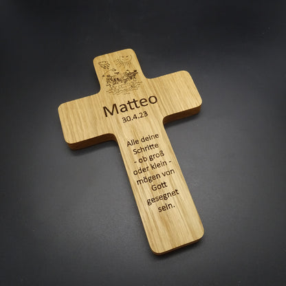Taufkreuz mit Gravur, Eiche massiv, geölt