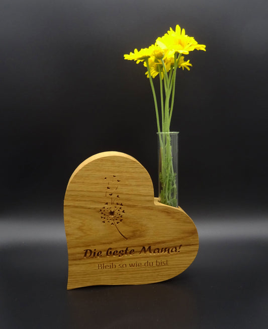 Holz-Herzvase Eiche massiv geölt mit Gravur für Mama`s