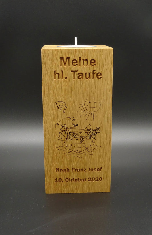 Taufkerze mit Gravur, Eiche massiv, geölt
