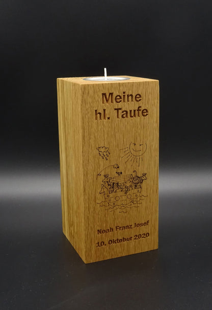 Taufkerze mit Gravur, Eiche massiv, geölt