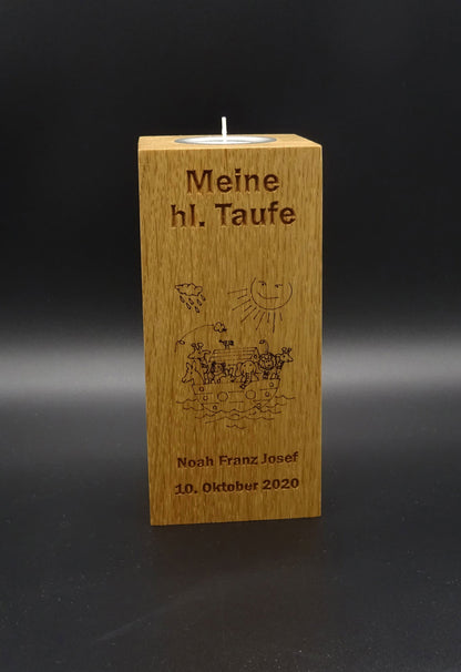 Taufkerze mit Gravur, Eiche massiv, geölt