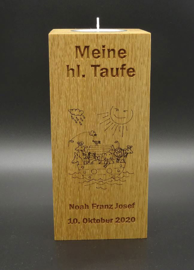 Taufkerze mit Gravur, Eiche massiv, geölt