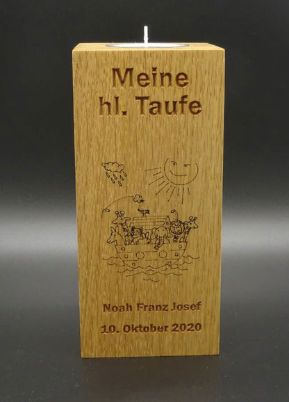 Taufkerze mit Gravur, Eiche massiv, geölt